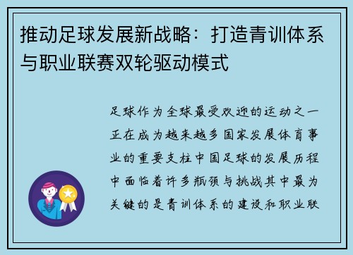 推动足球发展新战略：打造青训体系与职业联赛双轮驱动模式