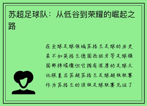 苏超足球队：从低谷到荣耀的崛起之路